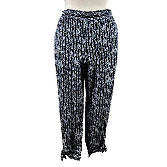 LOFT Pants Pull On Slim Fit Tie Ankles Navy White Print Women’s Plus Size 16 - Picture 1 of 11